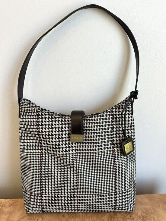 Lauren Ralph Lauren Handbags - Lauren Ralph Lauren Houndstooth Plaid Shoulder Bag Tan Brown Leather